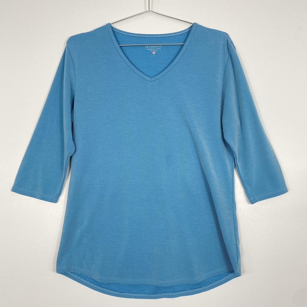 SEG'MENTS Shirt Womens Large Blue Tencel 3/4 Sleeve V Neck Textured Tunic Top‎